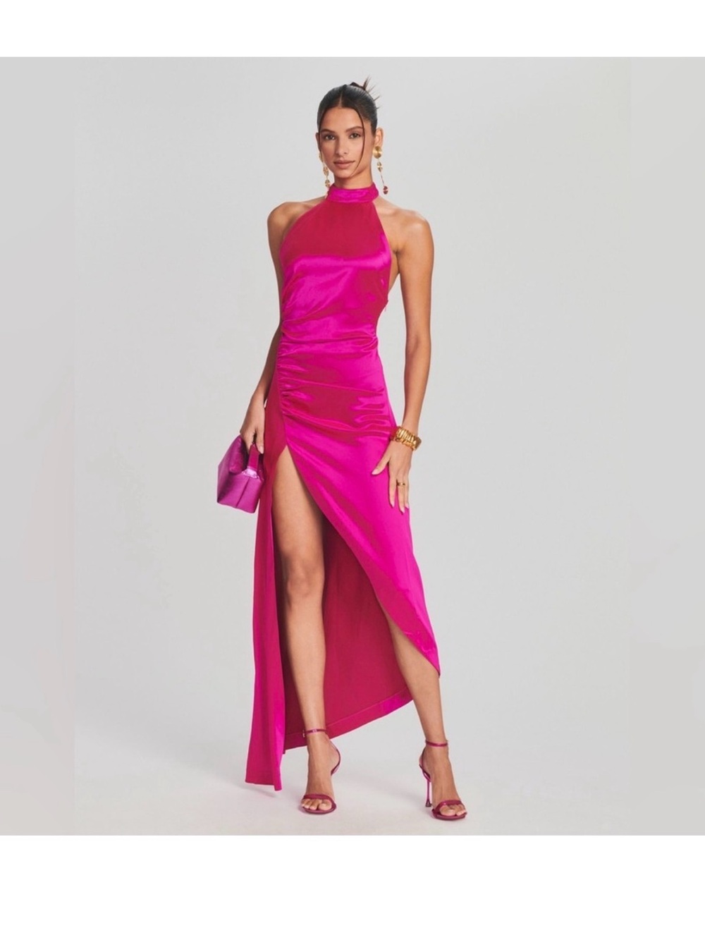 Retrofete Hot Pink Halter Satin Evening Dress with High Slit
